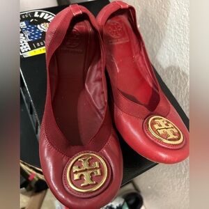 Tory Burch Red Flats with Gold Logo